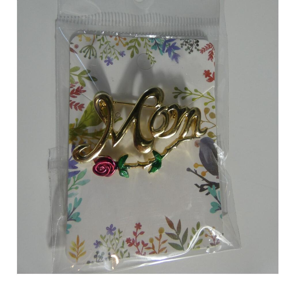 Gold Tone Mom Brooch Pin Rose Mother's Day Birthday